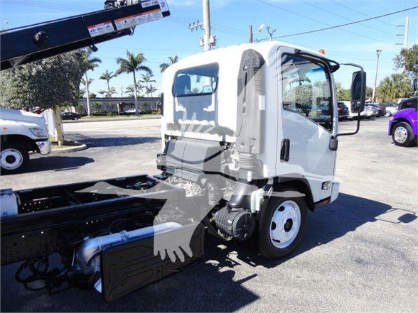 Isuzu NRR truck cab and chassis in-view showing side profile and front wheel.