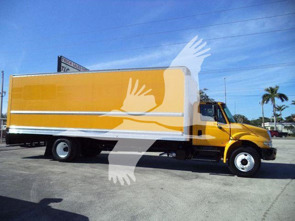 1999-2019 International DURASTAR 4300 box truck showing yellow cargo box and cab with white wheels.