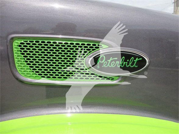 Peterbilt emblem on a dark gray truck with a bright green grille insert.