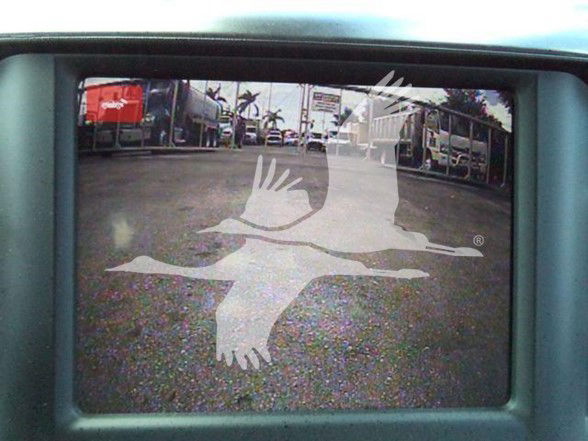 Vehicle backup monitor displaying a large white dove logo over a dealership lot with trucks in the background.