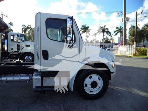 Cab of a white Freightliner BUSINESS CLASS M2 106 truck with a partial view of the chassis and wheel, palm trees in background.