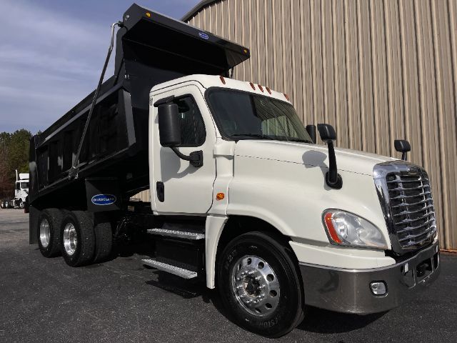 2019 Freightliner Cascadia 125 dump truck with white cab and black dump bed, side view showing dual rear axles and chrome wheels.