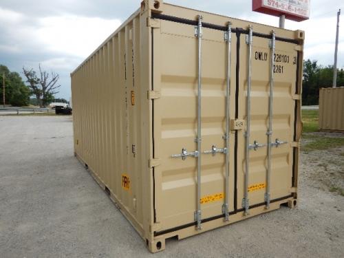 20' double door shipping storage container showing corrugated steel walls and metal locking bars.