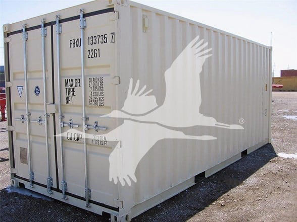 20' General container trailer with double rear doors showing stenciled weight plates and bird graphic on side.