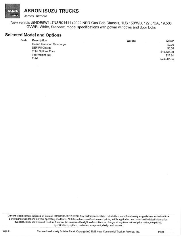 Isuzu AKRON ISUZU TRUCKS document showing new vehicle details for 54DE5W1L7NSR01411 with selected model and options list including weights and prices.