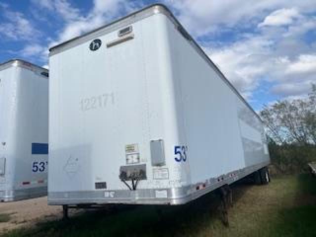 Front-left view of a 2008 Great Dane 53x102 dry van trailer with white exterior, blue stripe partial on left, rear doors, and small equipment mounted near center rear.