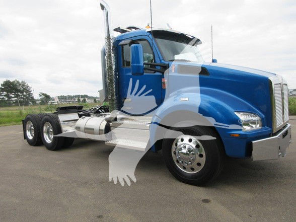 Kenworth T880 truck in blue with chrome accents, side view showing cab and engine area.