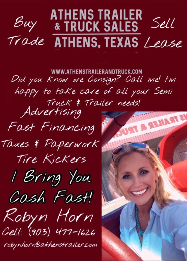 2019 Peterbilt 579 listing photo with VIN 1XPBDP9X4KD622875 and stock 2875. The image shows a maroon promotional background with white text about Athens Trailer & Truck Sales in Athens, Texas, plus a photo of a smiling woman in a truck seat
