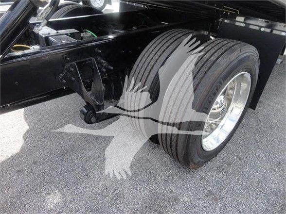 Truck rear wheel and suspension area with dual rear tires and leaf springs visible; stock image watermark of a bird overlay partially covers components.