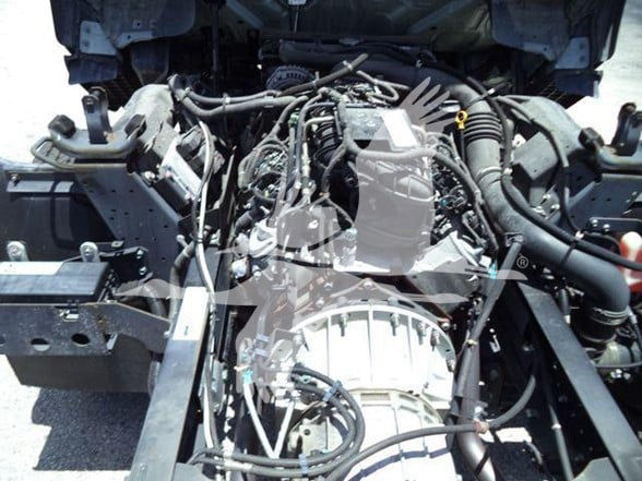 Isuzu NQR engine bay with label stenciling and various hoses; visible components include engine, alternator, belts, and wiring harnesses.