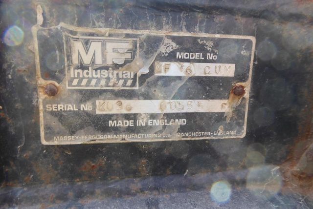 Massey Ferguson Industrial plate on equipment showing MODEL No and SERIAL No with worn label; text includes MF Industrial, MADE IN ENGLAND, SERIAL No K?0??505E