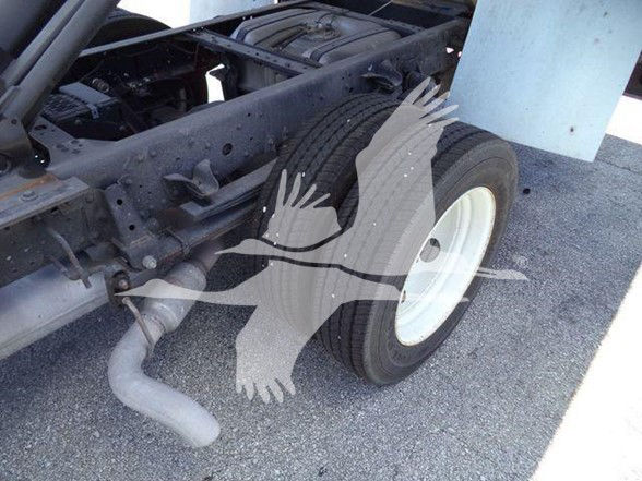 Isuzu NQR dump truck chassis and single rear wheel showing exhaust pipe and frame details.