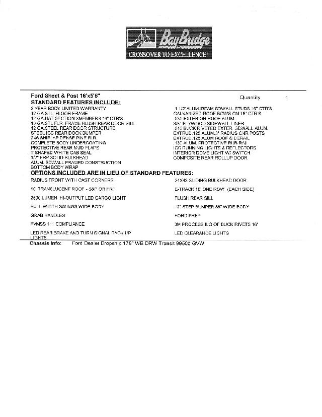 Ford Transit 350 16' box truck listing sheet with BayBridge logo. Includes standard features list such as 3 year body limited warranty, 12 gauge floor, 12 gauge steel frame, LED rear brake lights, roof rack, dual rear wheels, and various op
