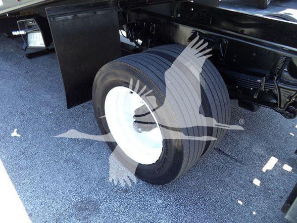 Wheel and tire assembly on a Ford F650 chassis showing a large dual rear tire with white wheel rim and black tire; undercarriage components visible.