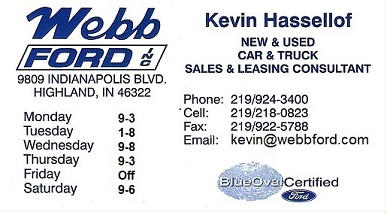 Fleet card showing Webb Ford Indianapolis contact details for Kevin Hassellof, Blue Oval Certified, hours listed (Mon 9-3, Tue 1-8, Wed 9-8, Thu 9-3, Fri 9-3, Sat 9-6), and the address 9809 Indianapolis Blvd. Highland, IN. VIN 1FDBF6PG3PKB8