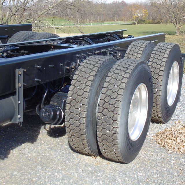 Rear view of a heavy-duty truck chassis showing triple-axle wheels and frame. No visible text on components.