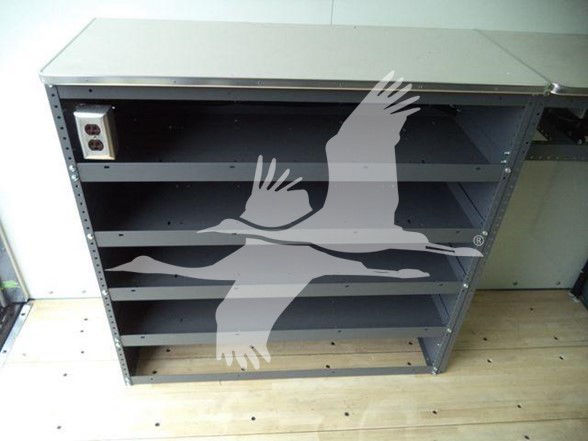 Mobile tool cabinet with multiple open shelves and a control panel on the left side of the top shelf.