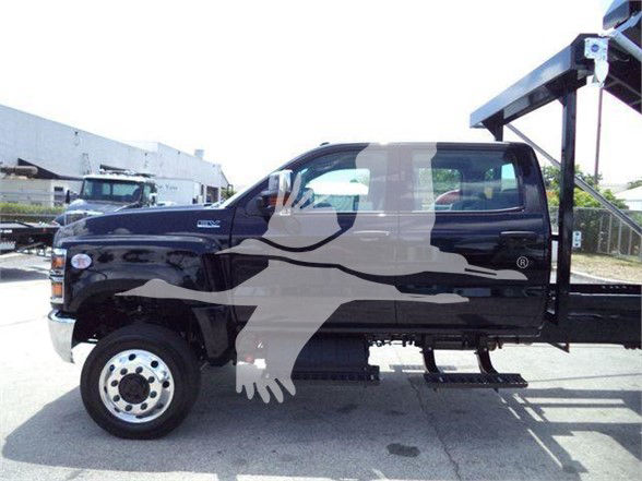 Truck cab side view showing black International CV with a large graphic of an eagle in flight across the door and rear cab area.