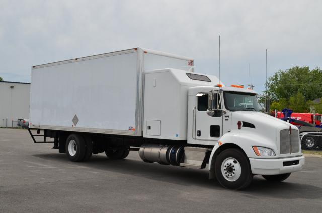 Kenworth T370 box truck with white cabin and large rectangular cargo area, side view revealed, stock number 22836.