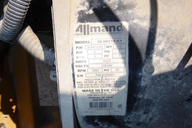 Allmand Night Lite Pro equipment label with model and electrical specs: model 30.0015-51; volt 120/240; rpm 1800; amps 50/25; kW 6; ph 1; serial P0?3130007; insulation class H; MADE IN THE USA; brand Allmand.