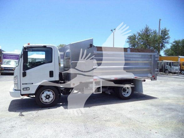 Isuzu NQR dump truck side view showing cargo bed and cab in light gray and white.