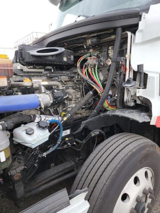 Freightliner Cascadia engine bay with exposed wiring harnesses, coolant reservoir, and front wheel visible.