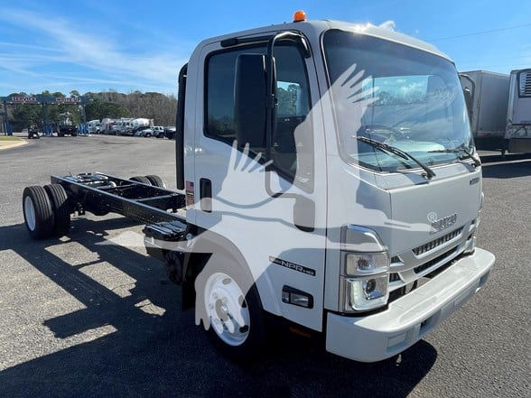 Isuzu NPR HD cab chassis truck with open rear frame and white exterior, front view showing cab and chassis frame.