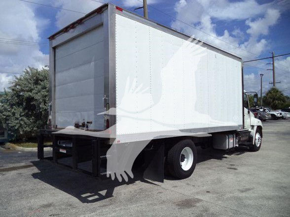 Truck with a white box reefer body, side and rear doors visible, rear bumper steps and dual rear wheels, no cab details.