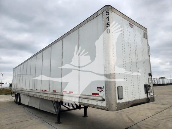 Trailer side and rear showing a white Wabash aluminum trailer with a large graphic of a flying crane. VIN 1JJV532D4LL165150 printed on the side front corner. Stock 5150. U-shaped landing gear near front. Rear doors with hardware.