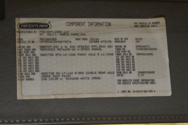 Freightliner component information label with vehicle and axle specs, VIN 1FVACWCS34HM79876, Meritor axles, IMRON paint, base model M2-106, 6.0-? engine details, various identifiers and numbers.