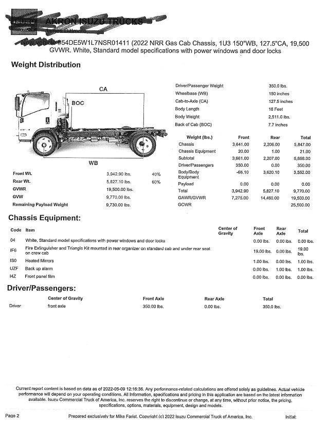 Isuzu NRR gas cab chassis spec sheet showing weight distribution and chassis equipment details.