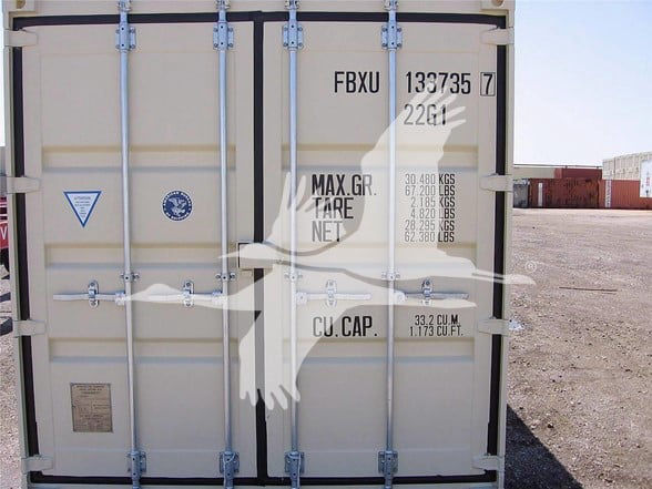 General 20' container rear showing doors with weld bars, markings FBXU 133735, MAX. GROSS, TARE, NET weights, CU. CAP. 33.2 CLM. 1.173 CU FT.