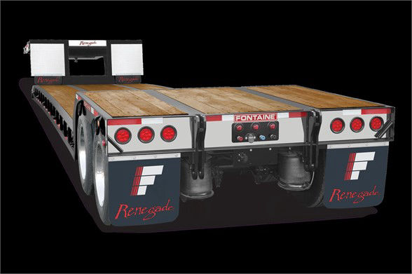 Fontaine 40-ton mechanical detachable double drop trailer rear view showing deck surface, taillights, and branding; stock number 578271 visible in listing.