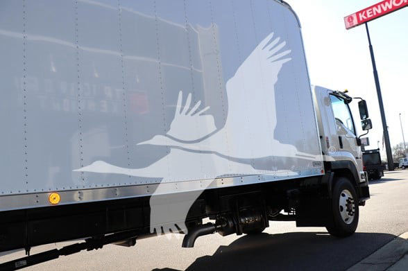 Isuzu box truck with large white graphic of flying birds on gray box, cab visible on right.