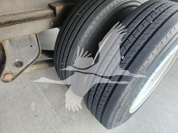 Trailer wheel assembly showing dual tires and leaf spring undercarriage with watermark of birds in flight, part of a flatbed trailer.