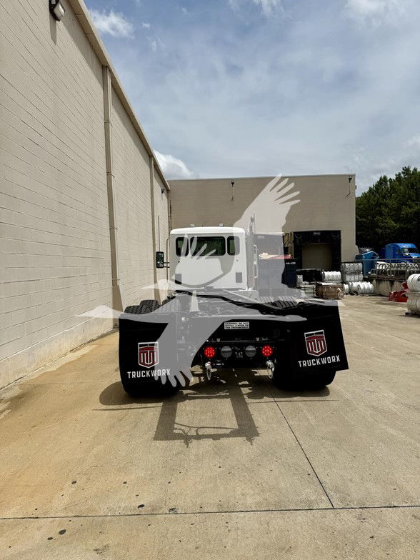 Kenworth T480 cab and chassis rear view with TruckWorx mud flaps and bumper; back view showing rear lights and hitch area.