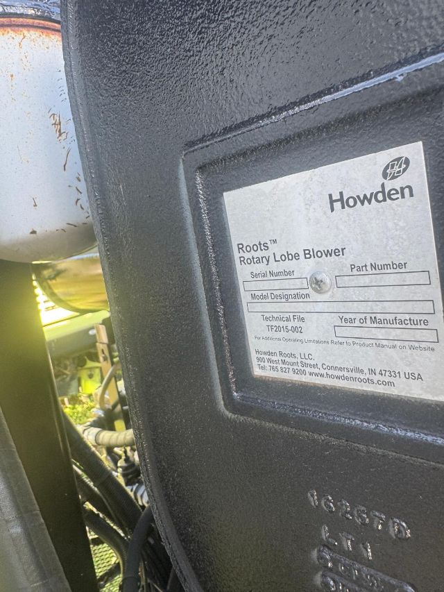 Howden Roots™ Rotary Lobe Blower label on equipment panel, with model and serial fields visible.