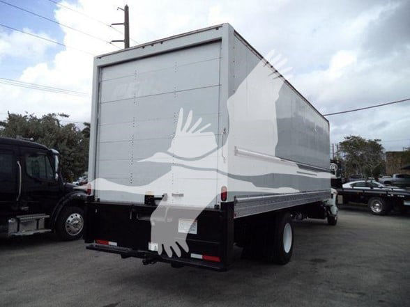 Box truck rear view with cargo box and bumper guards visible