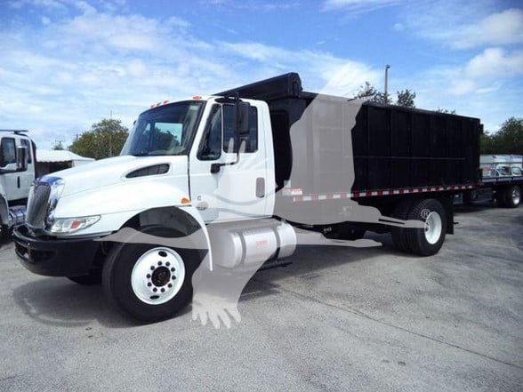 White International DURASTAR 4300 dump truck with black dump bed, cab front view, stock number not visible.