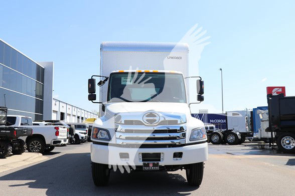 Front view of a white 2025 Hino L6 cab and chassis truck parked in a dealership lot.