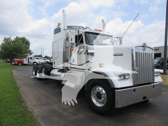 Kenworth W900L truck in white, front grille, tag lines not legible. Side shows chrome bumper and steps. Visible text: none legible on vehicle due to image resolution.