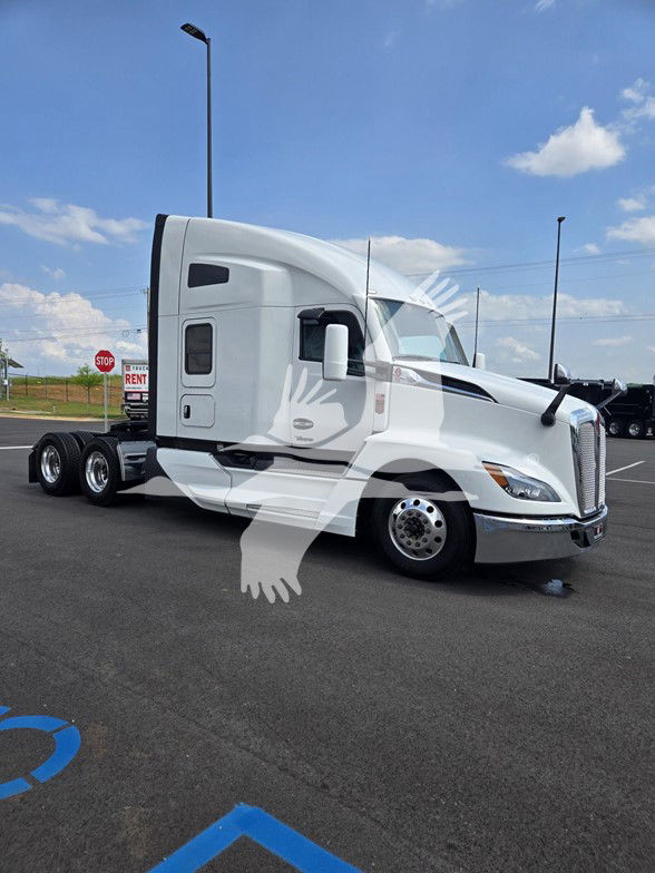 Kenworth T680 conventional sleeper truck in white, side view, showing cab with aerodynamic design and dual rear axles.