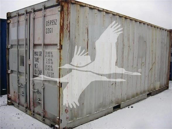 Used 20' General container with white seagull graphic on rusted exterior, side text and numbers visible near left door.