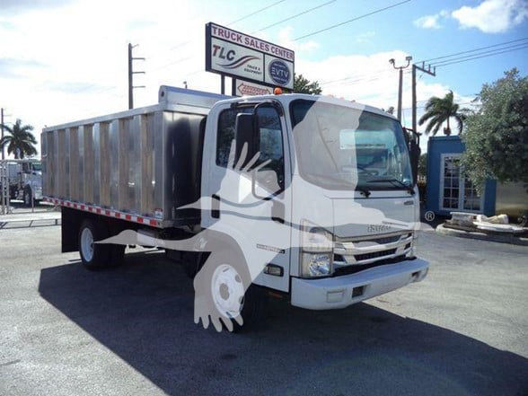 Isuzu NPR HD dump truck side angle in a dealership lot with TLC sign in background.