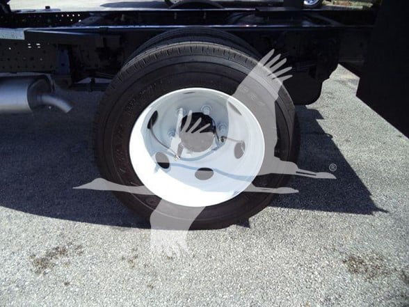 Isuzu NPR HD truck wheel and tire showing white steel rim with hub, undercarriage area visible.