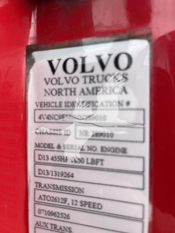 Volvo truck label showing Vehicle Identification Number details, model and serial number, 12-speed transmission AT02612P, 0710962526.