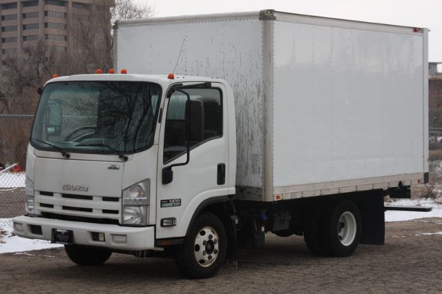 Isuzu NPR-HD box truck in white, front and side view, cargo box with snow on ground.