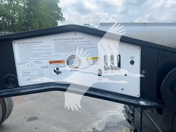 XL Specialized XL110Hdgs18 trailer front-side panel with decal instructions and warning labels, hydraulic gauge, and neck reattachment instructions.