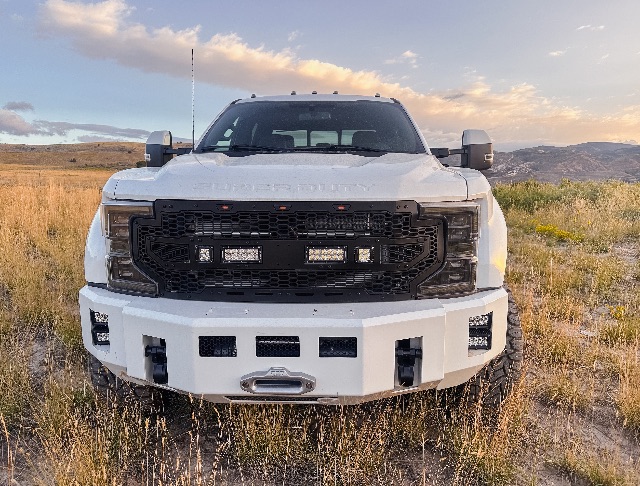 Front view of a white 2022 Ford F-550 Lariat cab and chassis truck with large black grille and bumper, off-road style lights, and grassy field backdrop.