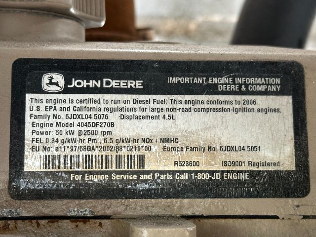 John Deere engine label on GMC W5500 showing Diesel fuel certification, engine model 4045DF270B, displacement 4.5L, power 60 kW @ 2500 rpm, EPA/California regulations.